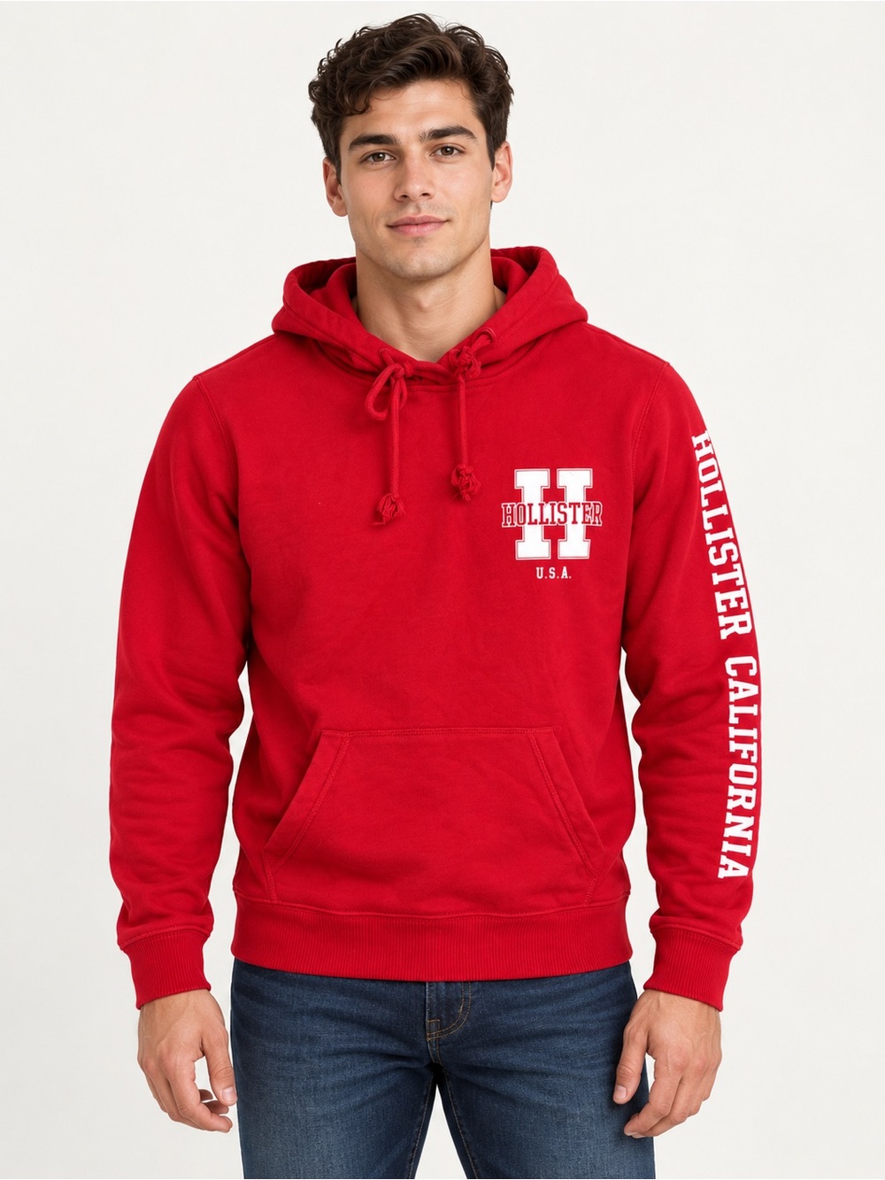 Hollister Men's Red Pullover Hoodie with White Chest H